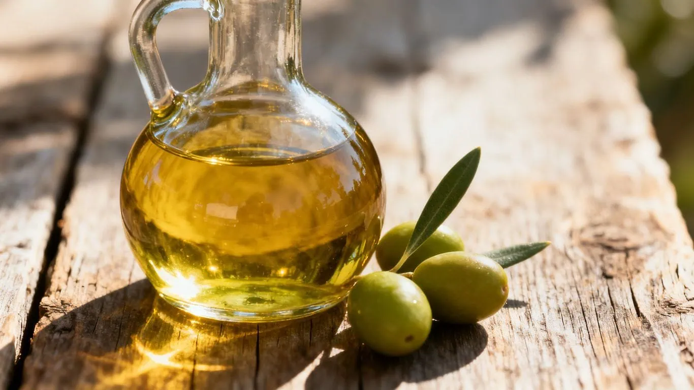Olivenöl Kalorien in Flasche mit Oliven auf Holztisch