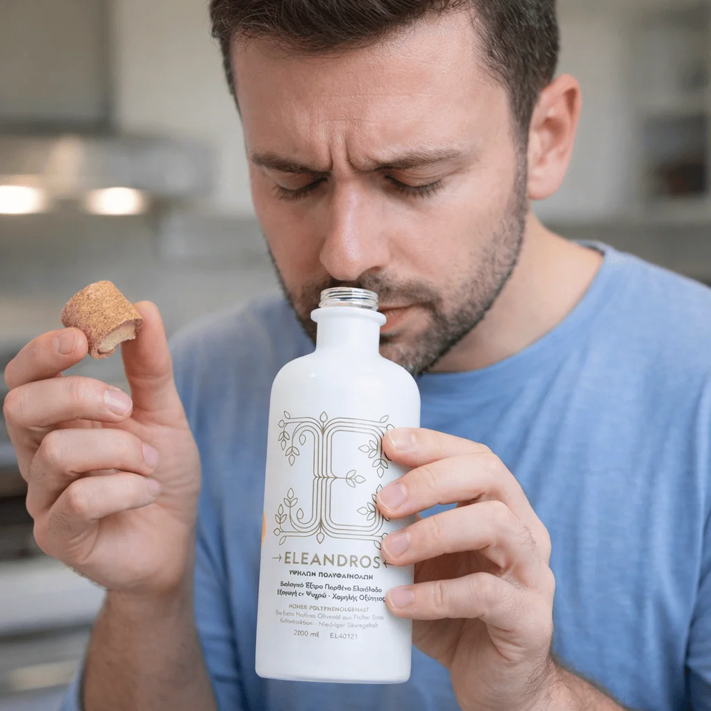 Mann prüft ob Olivenöl schlecht wird